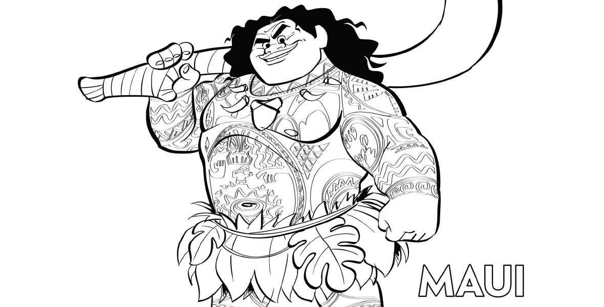 A black and white coloring page outlines Maui from the Moana franchise. He holds a large jawbone fish hook above his right shoulder and looks determined ahead. He wears a grass skirt, and his body is covered in tattoos.