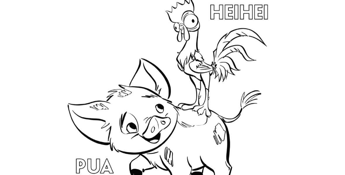 A black and white coloring page features Pua, a pot-belly pig, and Heihei, a rooster, from the Moana franchise. Heihei stands on Pua’s bag, while Pua looks up at Heihei. The page reads “MOANA NOVEMBER 23 IN 3D AND REAL D 3D” and “HEIHEI.”