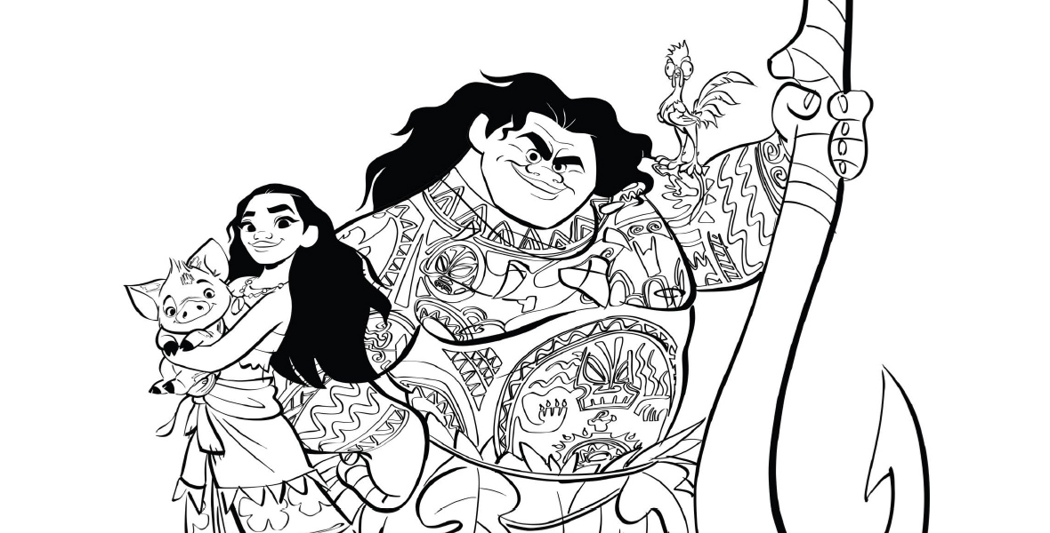 A black and white coloring page outlines Moana, Maui, Pua (a pot-belly pig), and Heihei, a rooster, from the Moana franchise on a wooden canoe. Maui holds a large jawbone fish hook in his right hand and Pua with his left arm, while Moana and Heihei are on the front edge of the canoe.