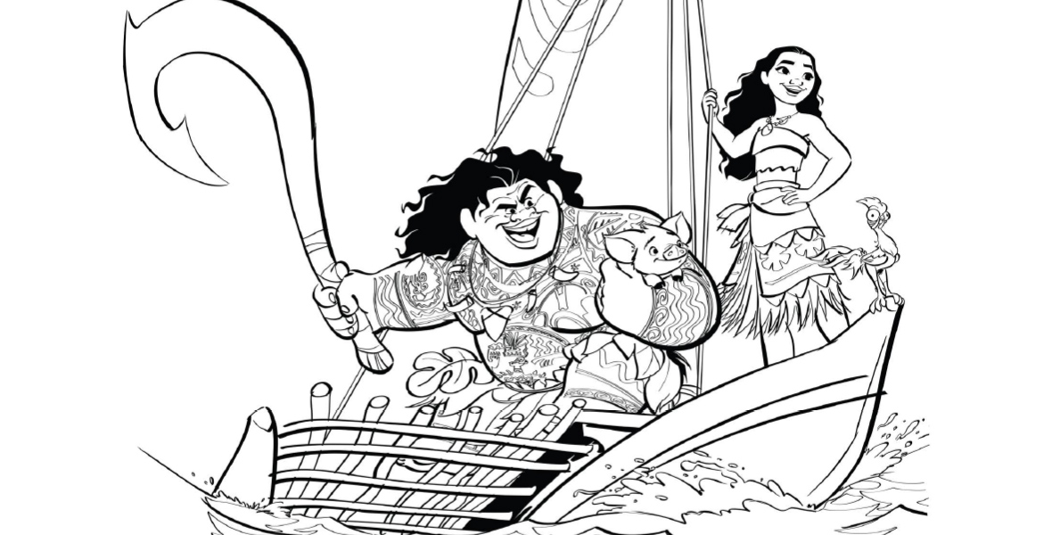 A black and white coloring page outlines (L-R) Pua, a pot-belly pig, Moana, Maui, and Heihei, a rooster, from the Moana franchise. Moana wears a strapless top and a wrap maxi skirt and holds Pua in her arms. Maui holds a large jawbone fish hook in his left arm, and Heihei perches on his left shoulder. The page reads “NOVEMBER 23 IN 3D AND REAL D 23.”