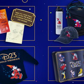 In this promotional image are the four Premium Item options for Gold Membership Choice and Complete Plans. Clockwise from upper left: An exclusive edition of “The Happiest Place on Earth” by Don Hahn and Chris Merrit along with Disneyland entrance replica plaque; D23 Fan Pack featuring a chino twill cap, crossbody bag, and reusable steel water bottle decorated with Sorcerer Mickey and the words “D23 Gold Member” on each item; collectible D23 Gold Member Pin Box Set, featuring 10 pins with original character designs; and dazzling D23 Gold Member Spirit Jersey.