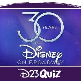 : “30 Years of Disney on Broadway” written in silver atop an iridescent blue and purple background.