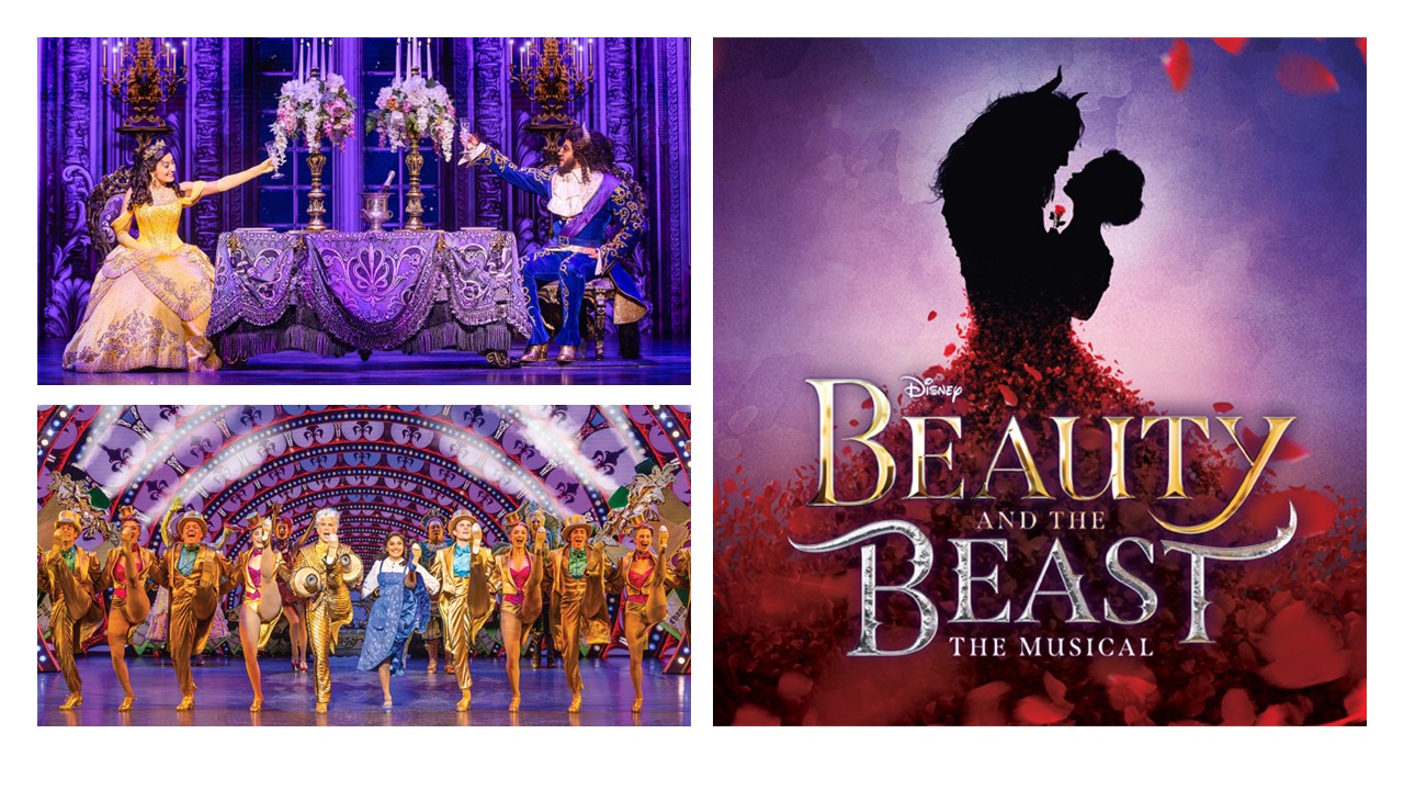 A collection of three images: on the top left, Belle (Shubshri Kandiah) and Beast (Brendan Xavier) are on stage and dressed in formal attire, in a ballroom, and raising their glasses to each other—Belle is in her iconic golden ball gown, and Beast is in a blue suit and white shirt; on the bottom left, Belle (Shubshri Kandiah) and Lumiere are seen dancing with the cast during Be Our Guest—Belle is in a blue dress and Lumiere (Rohan Browne) is dressed as a golden suit; on the right, the logo for the production is seen, reading “Disney Beauty and the Beast, The Musical,” with the silhouette of Belle and Beast embraced in a hug, surrounded by rose petals.