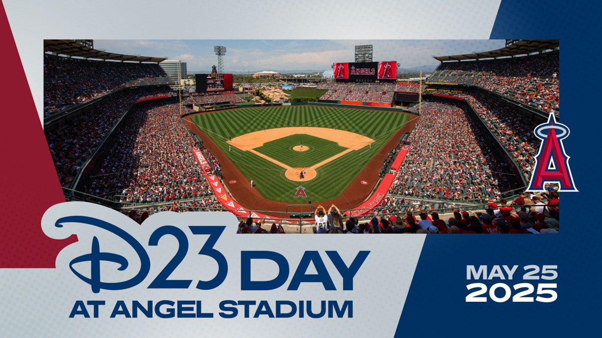 A full image of Angel Stadium, from the top level, with a view behind home plate. The stadium is filled with fans, mostly dressed in red. On the field, there is a player on the pitching mound and behind home plate. The Los Angeles Angels’ logo, a halo-topped capital “A,” is on the right. The bottom of the image reads “D23 Day at Angel Stadium” in dark blue against a gray background and “May 25, 2025” in gray and white text against a blue background.