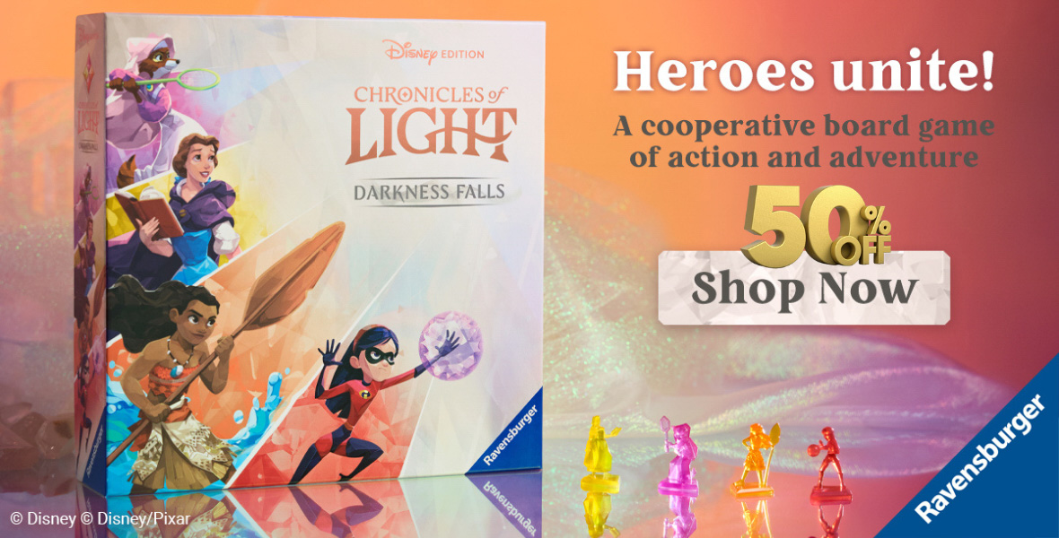 (From Left to Right) A promotional image for Chronicles of Light: Darkness Falls features the outer box of the game with several Disney heroines featured along with the product name. At right copy reads “Heroes unite! A cooperative board game of action and adventures. 50 % Off, Shop Now, with puzzle pieces at bottom and the logo for Ravensburger on lower right corner.