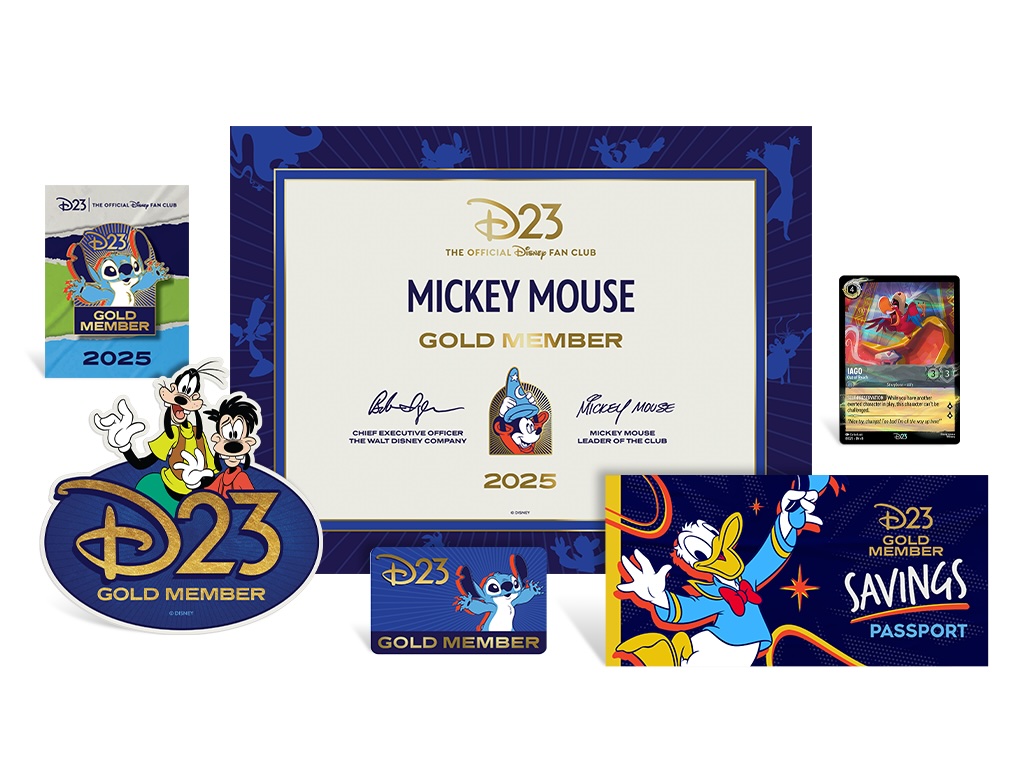 Pictured are the items in the D23 Gold Membership Kit, a membership certificate at the center and, pictured counterclockwise from the top left, a collectible Stitch Gold Member pin, a Goofy and Max car magnet, a Gold Membership card depicting Stitch, a Savings Passport depicting Donald Duck (providing discounts with Disney and Friends of Disney), plus a special D23 Disney Lorcana trading card featuring Iago from the Disney classic Aladdin (1992).