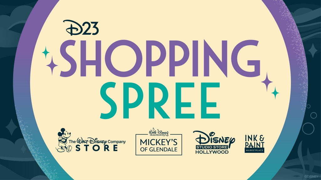 A colorful promotional image for the D23 Shopping Spree at Destination D23 In the center of the image is Shopping Spree in purple and teal on a tan circular background The text is sandwiched between a black D23 logo and the logos of The Walt Disney Company Store Mickeys of Glendale Studio Store Hollywood and the Ink  Paint Marketplace The background of the image is a dark teal with gray blue iconography of clouds sparks and waves