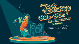 Alt colorful promotional image for the Disney ‘80s-’90s Celebration In Concert, presented by Disney+ event. The left half of the image features A Goofy Movie’s Max leaning and waving between a microphone and speakers on an orange, spotlighted stage— the spotlight shines in from the upper left of the image, with a few music notes above Max. “Disney ‘80s-’90s Celebration” appears in the upper right corner in a dark teal text with a raised orange shadow. A yellow and boxed “In Concert” text in thick letters appears under this, followed by “presented by Disney+” in white text and a smaller, teal Disney Concerts logo. The design is simple and organized, highlighting the concert alongside a nostalgic character.