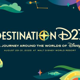 In an image promoting Destination D23 2025, retro sans-serif text reads “Destination D23, A Journey Around the Worlds of Disney. August 29-31, 2025, at Walt Disney World Resort” with a compass replacing the “O” in Destination; the wording is seen against a dark background. In the upper left is a silhouette of the house from Up floating in the sky. In the upper right is Stitch’s spaceship and some star graphics. On the bottom left, Mickey Mouse is carrying a travel briefcase and is mid-stride. On the bottom right is a submarine against some stylized underwater motifs.