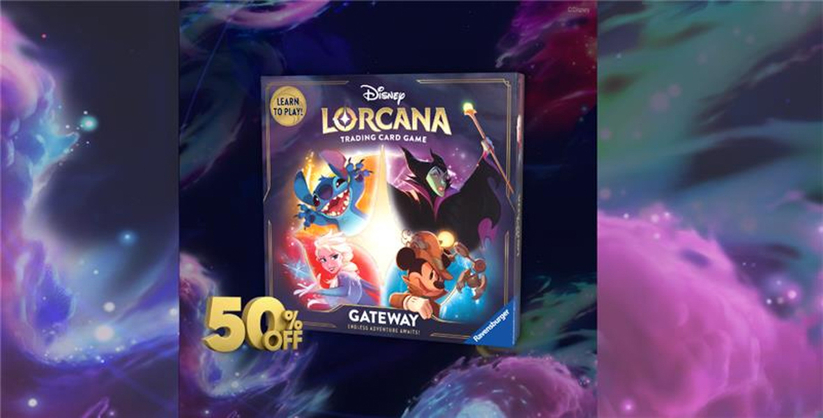 Disney Lorcana Trading Card Game, Gateway is at center over a dynamic blue and purple magical background. Disney characters Stitch, Maleficent, Mickey Mouse in adventurous attire and Elsa are seen on the game packaging along with product name.