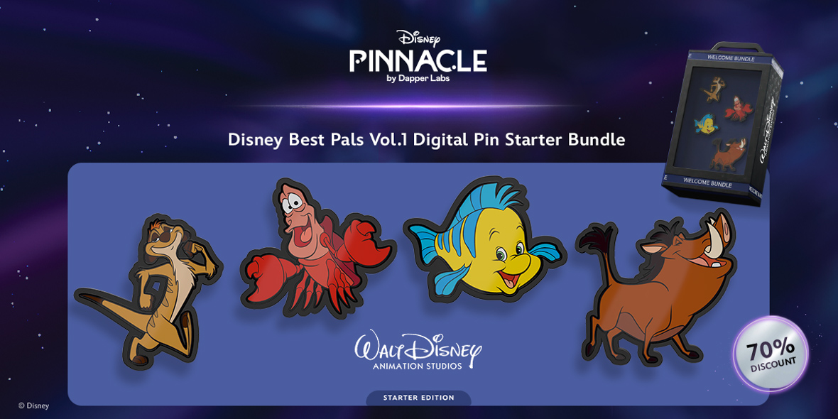 (Left to right) Disney Pinnacle’s Disney Best Pals Vol. 1 Digital Pin Starter Bundle is displayed with characters Timon, Sebastian, Flounder, and Pumbaa.