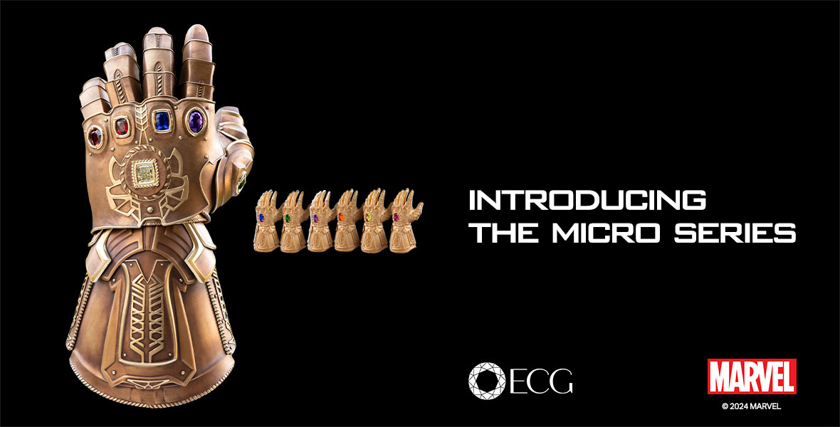 (From left to right) A large image of the limited-edition Micro Gauntlet features 200 sets of Infinity Stones from East Continental Gems. Lined up in a row at center are six smaller images each featuring one Infinity Stone. Copy at left center reads “Introducing the Micro Series” with the logo “ECG” with a round jewel graphic is at bottom left and Marvel logo at bottom right.