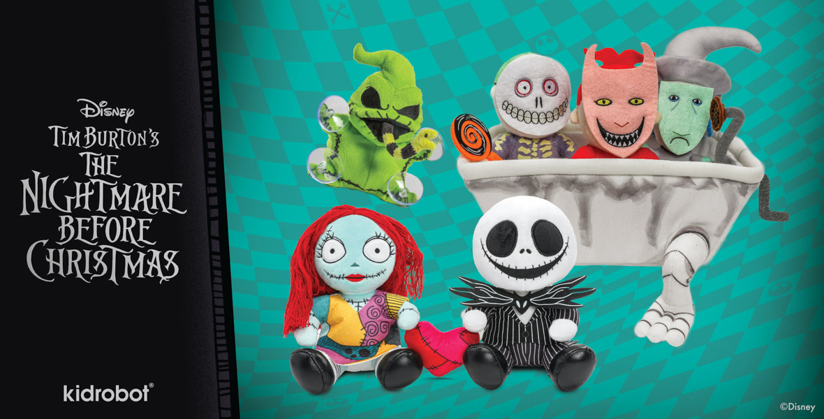 Items from Kidrobot’s Disney Tim Burton’s The Nightmare Before Christmas featuring Oogie Boogie, Sally, Jack, and more are shown at right against a green checkered background with the film logo at left and Kidrobot logo at bottom left.