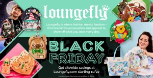 Loungefly logo is prominently displayed over image with several special holiday products featured. Clockwise from upper left: A male model holds a mini backpack with Jack Skellington, items from a Winnie the Pooh collection, a female model holds silver-toned items featuring classic Disney characters and at bottom left items featuring gingerbread variants of Stitch are showcased.