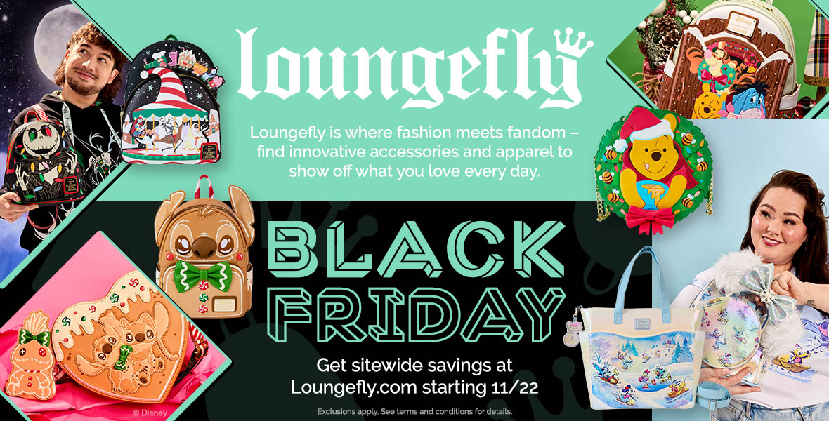 Loungefly logo is prominently displayed over image with several special holiday products featured. Clockwise from upper left: A male model holds a mini backpack with Jack Skellington, items from a Winnie the Pooh collection, a female model holds silver-toned items featuring classic Disney characters and at bottom left items featuring gingerbread variants of Stitch are showcased.