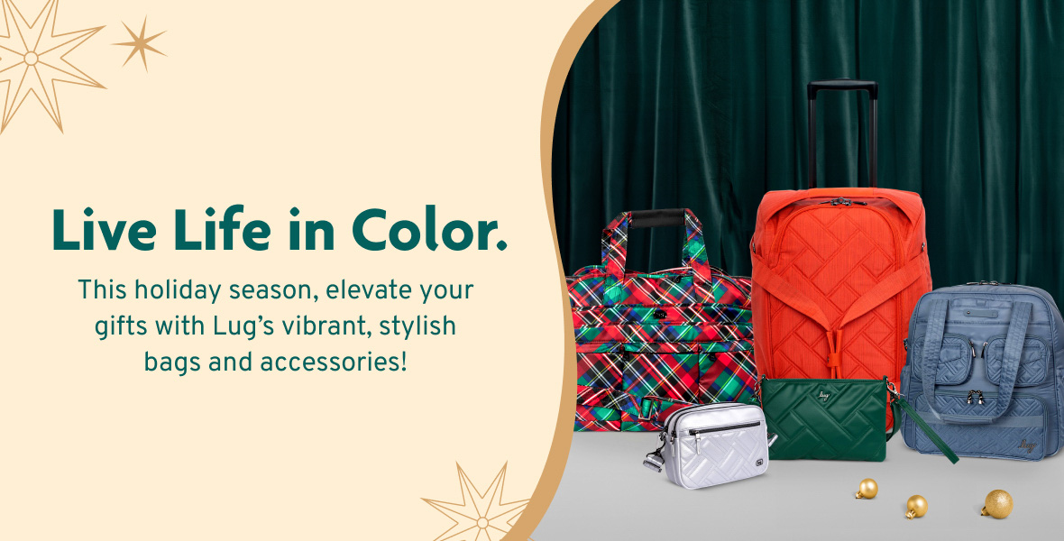 Items from Lug’s holiday collection are displayed, from left to right, a tartan-print duffel, red large, quilted backpack, blue smaller, multi-pocketed bag and in front from left to right a silver small bag and green quilted wristlet.