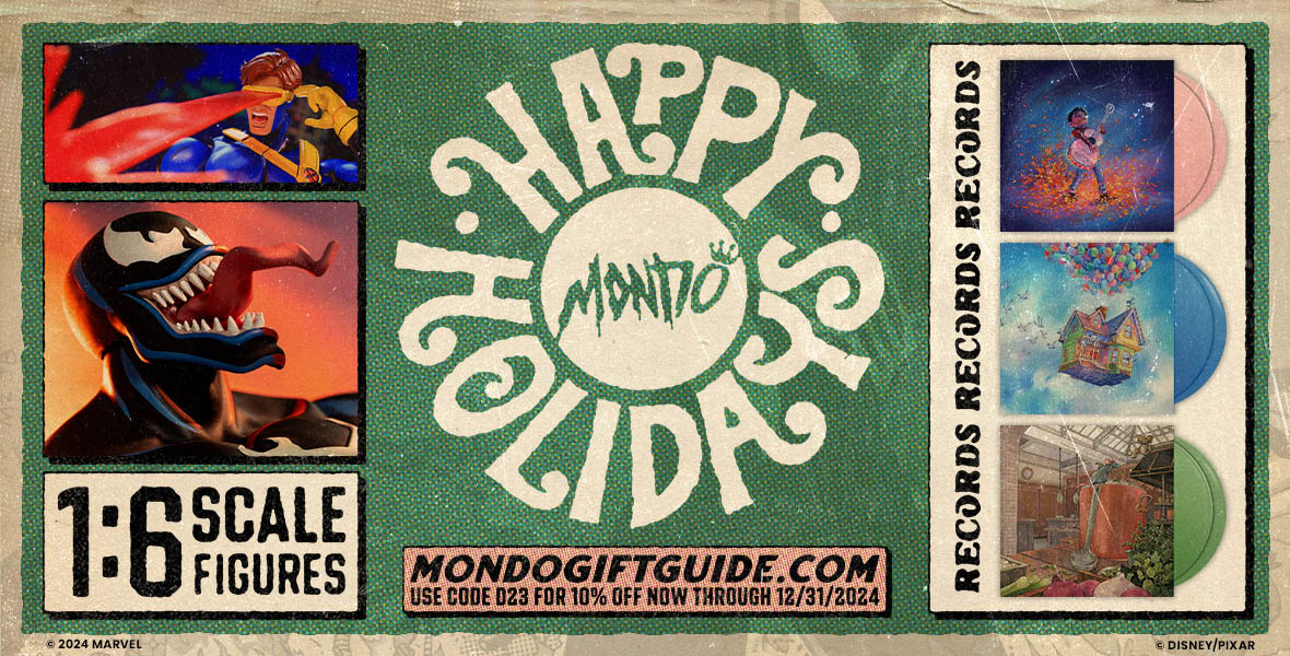 A multi-image graphic features an array of Mondo products, ranging from premium collectibles, vinyl soundtracks and screen-printed posters. A graphic at center reads “Happy Holidays” with the brand logo Mondo at center.