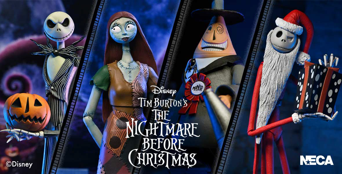 Ultimate figures from NECA’s Disney Tim Burton’s The Nightmare Before Christmas are seen from left to right, Jack Skellington, Sally, Mayor of Halloween Town and Santa Jack.