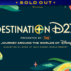A vibrant promotional image for Destination D23 2025, featuring retro-style sans-serif text that reads: DESTINATION D23 with a compass icon replacing the O in Destination. Below, in smaller text, it states: Presented by Lug followed by the tagline A Journey Around the Worlds of Disney. The event dates, August 29-31, 2025, at Walt Disney World Resort, are displayed at the bottom. The background is a deep teal with whimsical, colorful elements representing different Disney worlds. In the upper left corner, Carl’s house from Up floats with a cluster of balloons. In the upper right, Stitch’s spaceship soars among stylized stars and cosmic patterns. On the bottom left, Mickey Mouse, depicted in a classic vintage art style, strides forward with a suitcase in hand, appearing ready for adventure. The lower right corner features a yellow submarine, hinting at underwater exploration, surrounded by stylized aquatic plants and oceanic waves. The design blends Disney nostalgia with a sense of global adventure, using a rich color palette of blues, greens, oranges, and purples. A banner at the top reads SOLD OUT. A banner at the top reads SOLD OUT.