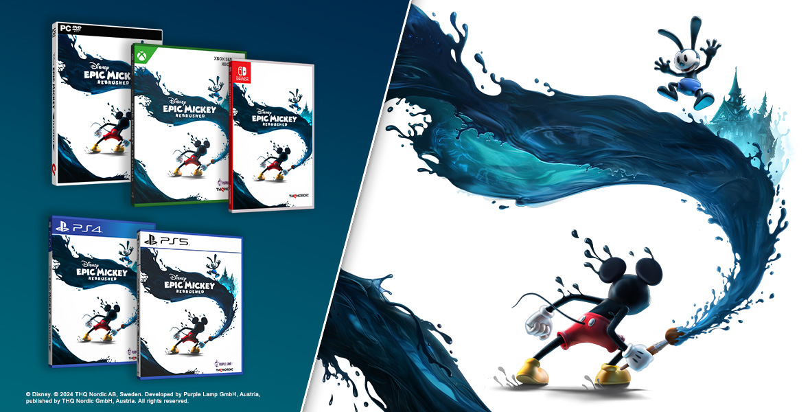 A promotional image features six packaged Disney Epic Mickey: Rebrushed” 3D platformer from THQ Nordic for various gaming platforms, stacked three at top, and two at bottom. A close-up of the game cover with Mickey Mouse from the back and paintbrush in right hand, with a trail of drawn, energetic ink with the character of Oswald the Lucky Rabbit at top right above the wave of ink.