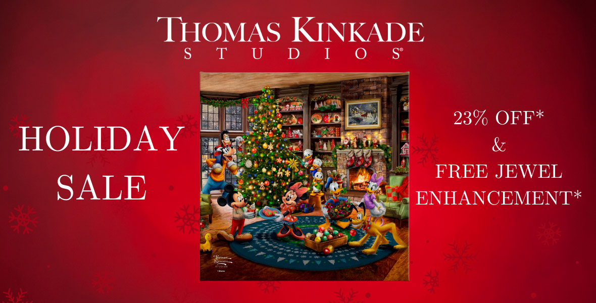 Set against a red, snowflake embossed background a holiday image of a holiday canvas from Thomas Kinkade Studios featuring classic Disney characters before a Christmas tree is at center. Copy reads from left of image “Holiday Sale” and at right, “23% OFF* & Free Jewel Enhancement*.