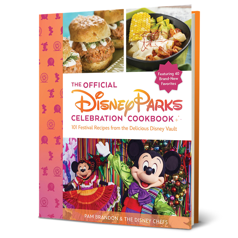 An image of The Official Disney Parks Celebration Cookbook: 101 Festival Recipes from the Delicious Disney Vault. The cover features a photo of a Smoked Salmon Tartare and Potato Biscuit sandwich from EPCOT International Flower & Garden Festival, a bowl of Spicy Ajiaco (Colombian Chicken and Potato Stew) from EPCOT International Festival of the Arts, Minnie Mouse, and Mickey Mouse during the 2022 Disney ¡Viva Navidad! character greeting pavilion at Disney California Adventure Park. 