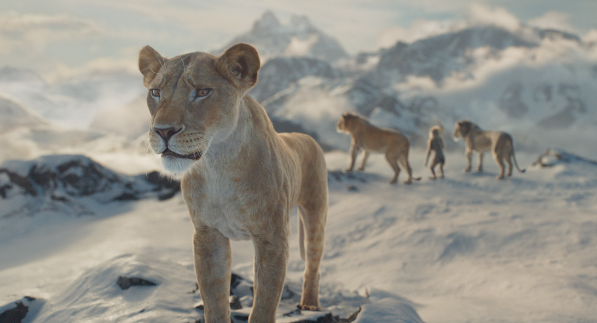 (L-R): Sarabi (voiced by Tiffany Boone), Mufasa (voiced by Aaron Pierre), Rafiki (voiced by Kagiso Lediga), and Taka (voiced by Kelvin Harrison Jr.) in Disney’s live-action Mufasa: The Lion King. They are on a snowy mountaintop, and Sarabi is staring forward, looking concerned.