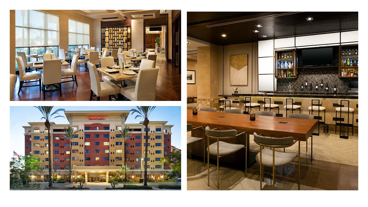 The top left photograph is of a slightly upscale dining room; square marble tables fill the space, with white plates and black napkins placed on each table setting. Near the back of the room are two large windows with blinds about halfway down. The flooring in the room is a clean wood finish. The bottom-left photo is the exterior of the six-story Sheraton Garden Grove against a blue sky. Two sets of palm trees frame the hotel and guide guests towards the entrance. The building is two-toned in color, alternating between a dark red and tan. Topping the hotel is the Sheraton logo in big red letters. The photo on the right is of the hotel bar; behind the marble counter sits two shelves of various liquors, as well as assorted wines. Lined against the counter are matching chairs with uniform white cushions, and in the foreground is a brown table with multiple chairs.