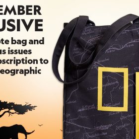 A view of an orange and white sunrise, with a black silhouette of a tree on a grassy plain and two elephants, two giraffes, and a rhino. Above the animals and the tree, there is a headline that reads “D23 MEMBER EXCLUSIVE” and below that, smaller text reads “Get a free tote bag and two bonus issues with your subscription to National Geographic.” To the right is a black tote bag with a thin white map printed on it. The National Geographic logo sits in front of the map. To the right of the tote bag is a print issue of National Geographic. On the cover of the National Geographic issue, there is an image of a wildebeest herd walking on a beach surrounded by white birds and an overlay of text that reads “Welcome to Earth.” The right of this magazine issue is an iPhone with an image of two lions lounging on dirt ground. Above these items, black text reads “INCLUDES FREE TOTE PLUS TWO BONUS ISSUES!”