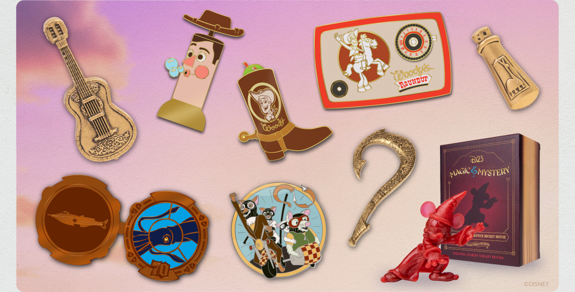 Image showcasing D23-exclusive items including the Enchanted Objects pins; the Sorcerer Apprentice Mickey Mouse Collectible Figurine as the Scarlet Glitter Variant; the Toy Story 2 25th Anniversary Woody’s Roundup Pin Set; the 20,000 Leagues Under the Sea 70th anniversary pin; and the Fantastic Mr. Fox 15th anniversary pin.