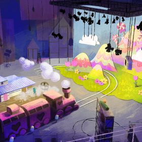 Concept art for Dream Productions showcases a vibrant soundstage, complete with a whimsical set of colorful mountains, a meadow, and candy. In the foreground, a pink train sits next to a white house with purple roofs. The rest of the room is bathed in soft light blue and purple hues, enhancing the dreamlike atmosphere.