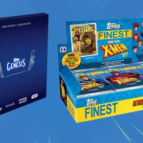 An image of the two new collectable card collections from Topps—Topps Genesis (left) and Topps Finest X-Men ’97 (right). Both boxes of cards are set against a light blue and yellow starburst-style background; the Genesis box is dark blue with the “Topps Genesis” logo in white at the middle, and several Disney logos at the bottom, while the Topps Finest box showcases multiple packages of the X-Men ‘’97 cards, with a comic-style graphic at the top of the box.