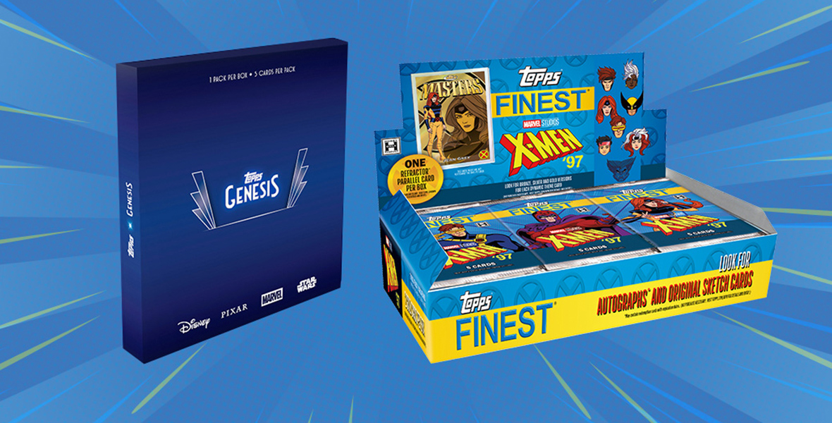 An image of the two new collectable card collections from Topps—Topps Genesis (left) and Topps Finest X-Men ’97 (right). Both boxes of cards are set against a light blue and yellow starburst-style background; the Genesis box is dark blue with the “Topps Genesis” logo in white at the middle, and several Disney logos at the bottom, while the Topps Finest box showcases multiple packages of the X-Men ‘’97 cards, with a comic-style graphic at the top of the box.