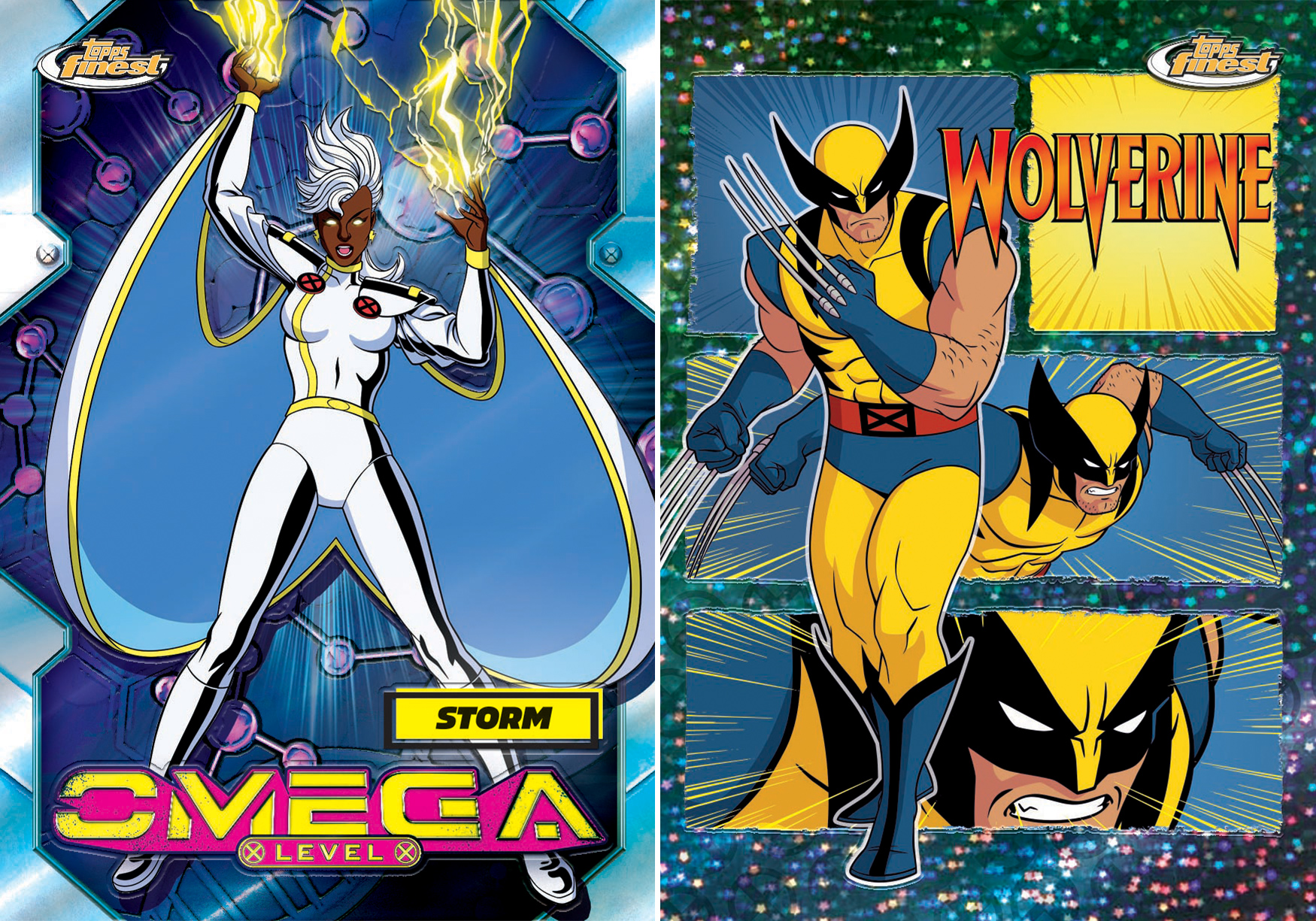 A side-by-side image of two Topps Finest X-Men ‘’97 cards. The cards have a 1990s nostalgic feel, with bright colors comic-style backgrounds. On the left is Storm, in her iconic white jumpsuit; her hands are up on the air and light is streaming out of them. At the bottom of the card is her name and the words “Omega Level.” On the right is Wolverine, in his own iconic yellow jumpsuit and long claws; his full-body shot is offset to his right with closer-up images of his face, looking determined. At the top of the image is his name. 