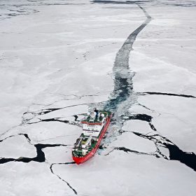 In an image from National Geographic’s Endurance, a ship named the S.A. Agulhas the Second is surrounded by sea ice as it makes its way towards the coordinates to find Sir Earnest Shackleton’s legendary ship.