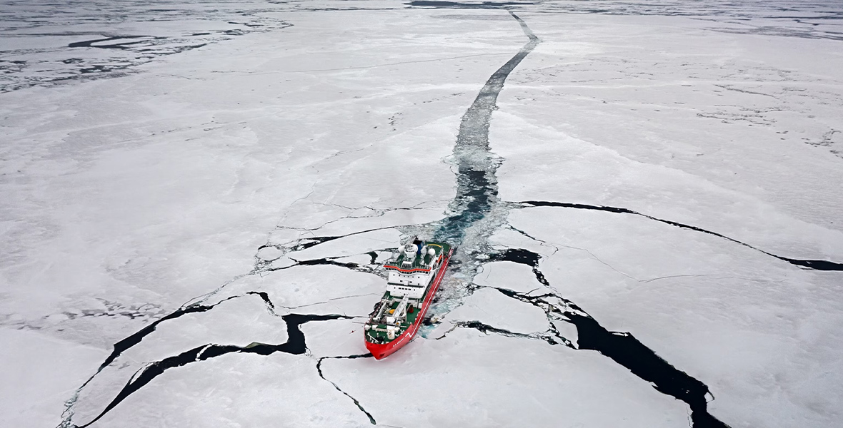 In an image from National Geographic’s Endurance, a ship named the S.A. Agulhas the Second is surrounded by sea ice as it makes its way towards the coordinates to find Sir Earnest Shackleton’s legendary ship.