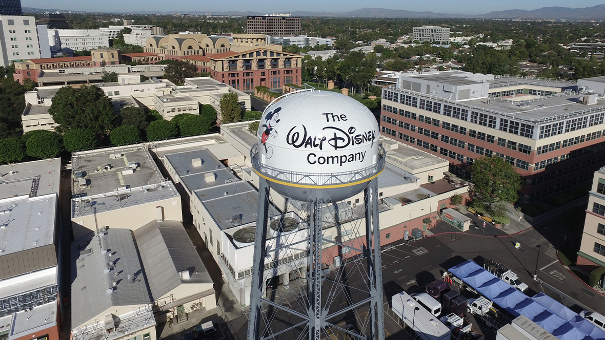 An aerial view of the Walt Disney Studio Lot and its water tower.