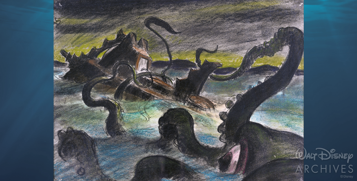 This story illustration depicts the struggle between the Nautilus and the giant squid. The giant squid is the bottom left corner of the piece. It is a black, green, and gray monstrosity with a bulbous eye and seemingly never-ending tentacles. The tentacles are writhing about and wrapping themselves around the Nautilus, tilting the vessel downward towards the depths of the turquoise-colored ocean. The sky is mixture of a muted lime green with heavy gray clouds to evoke a storm and a feeling of uncertainty about the fate of the Nautilus.