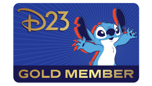 The D23 Gold Member card is pictured, featuring Stitch on the right, set against a dark blue background. To the left and slightly above Stitch is the D23 logo, in gold, and below Stitch (against a darker blue border) are the words &ldquo;Gold Member&rdquo; in gold lettering.