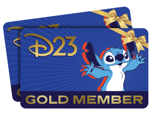 Two stacked D23 General Member Card featuring Stitch with a golden bow in the top right corner.