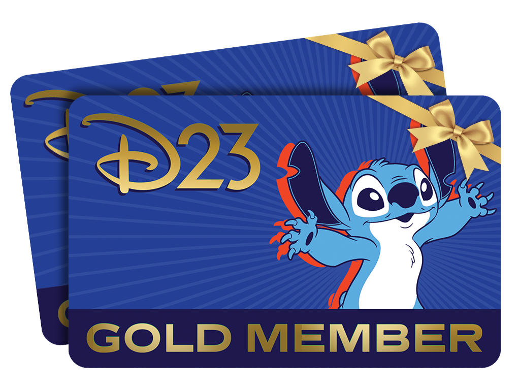 Two stacked D23 General Member Card featuring Stitch with a golden bow in the top right corner.