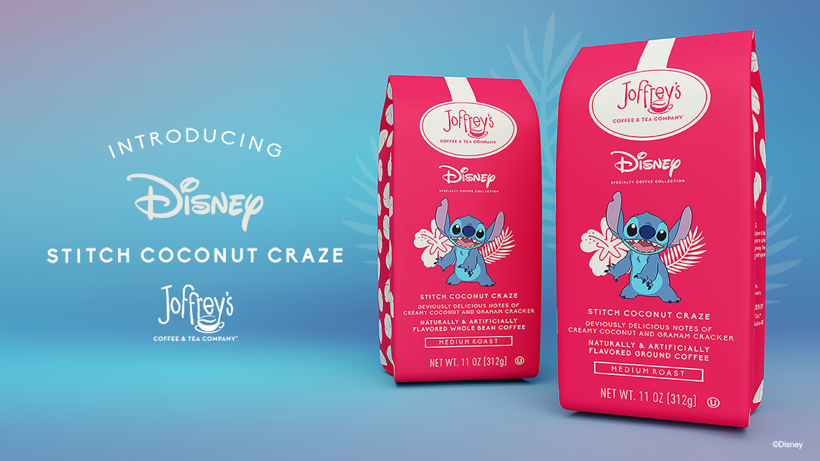 Two red Joffrey’s Coffee bags showcase Stitch in front of two white flower silhouettes. Each bag features the Joffrey’s logo and the Disney logo, below which is an image of Stitch and the name of the coffee and its description: “Stitch Coconut Craze; Deviously delicious notes of creamy coconut and graham cracker; naturally & artificially flavored ground coffee; medium roast.” To the left of the bags, text reads “Introducing Disney Stitch Coconut Craze; Joffrey Coffee & Tea Company.”