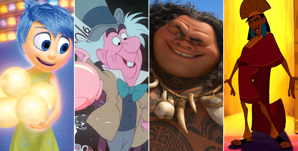 A side-by-side image of four Disney animated characters: Joy from Inside Out 2, the Mad Hatter from Alice in Wonderland, Maui from Moana 2, and Kuzco from The Emperor’s New Groove.