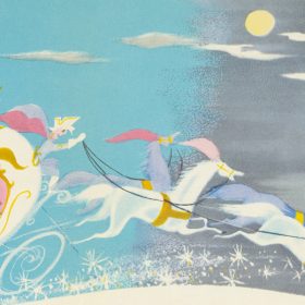 A detail from the inside image of the 1949 Disney holiday card features a portion of a painting by Mary Blair depicting Cinderella in her coach being magically whisked away toward the castle.