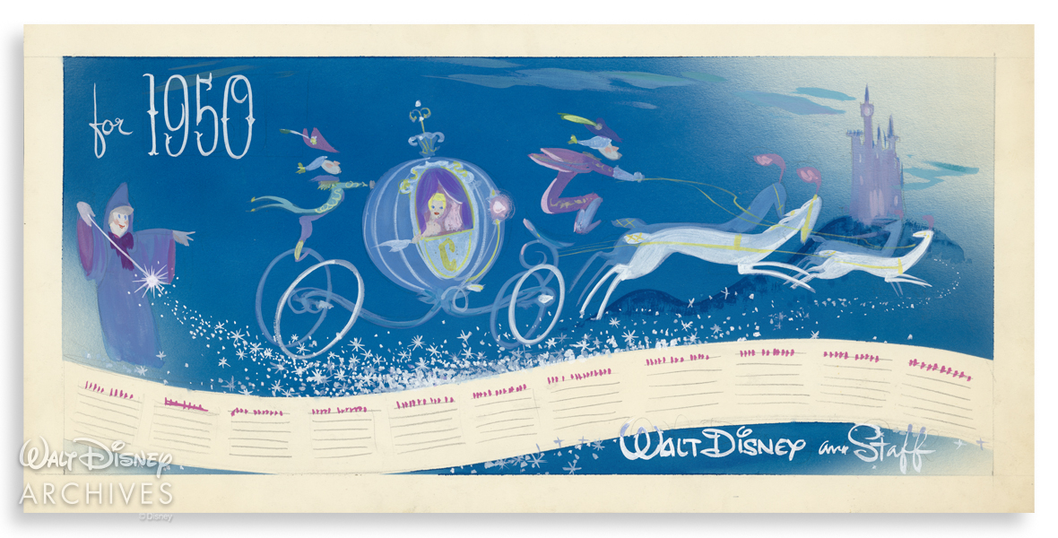 A landscape-style painting by John Hench in blue and purple hues depicts Cinderella in her coach being magically whisked away by the Fairy Godmother toward a castle in the distance. The top left of the card reads “1950,” which sets up placement for a calendar along the bottom of the card, where a mock signature reads, “Walt Disney and his staff.” 