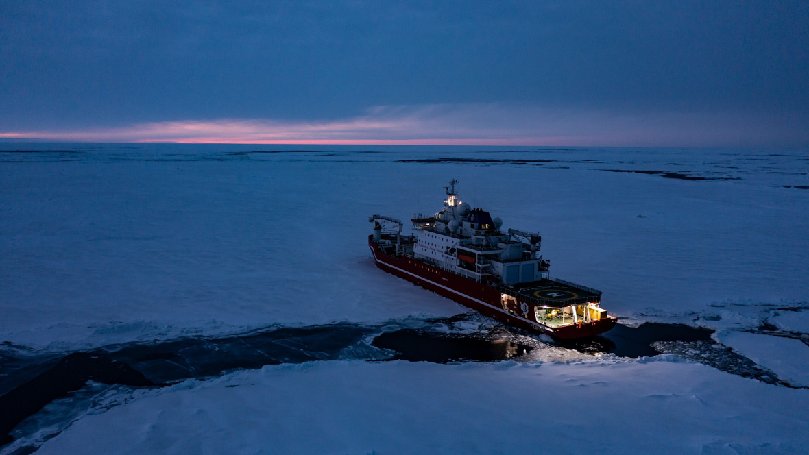 In an image from National Geographic’s Endurance, the S.A. Agulhas II is surrounded by sea ice as it makes its way toward the coordinates to find the lost Shackleton expedition ship. 