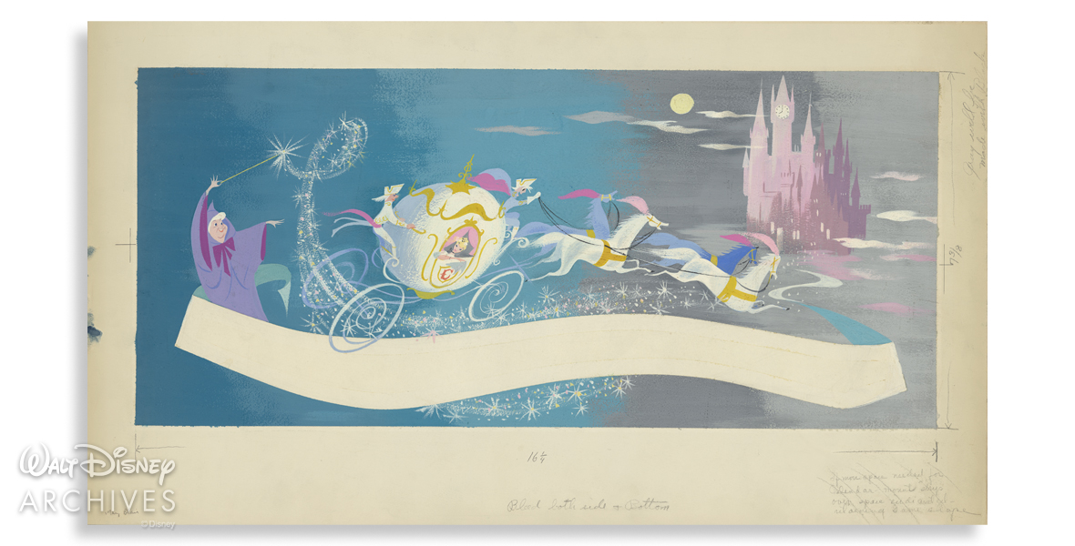 A painting by Mary Blair of Cinderella in her coach being magically whisked away by the Fairy Godmother.