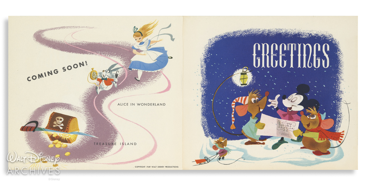 The front and back covers of the card. On the front, Mickey Mouse, Jaq, and Gus are depicted singing carols in the snow, with the text “Greetings” presented against a snowy night sky. On the back, illustrations of Alice and the White Rabbit from Alice in Wonderland (1951), as well as a treasure chest and sword, representing Treasure Island (1950), suggest some of the Disney studio’s upcoming projects.