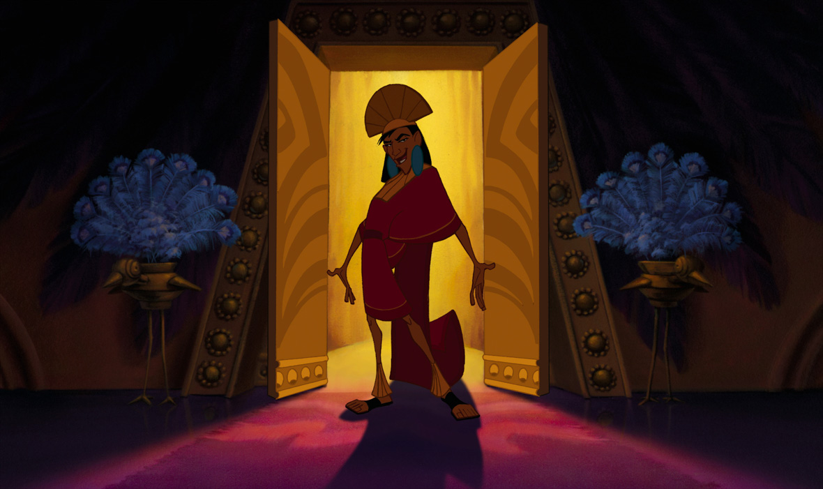 An image of Kuzco (voiced by David Spade) from The Emperor’s New Groove; he is almost in silhouette, coming through a golden doorway with his hands outstretched and smiling.