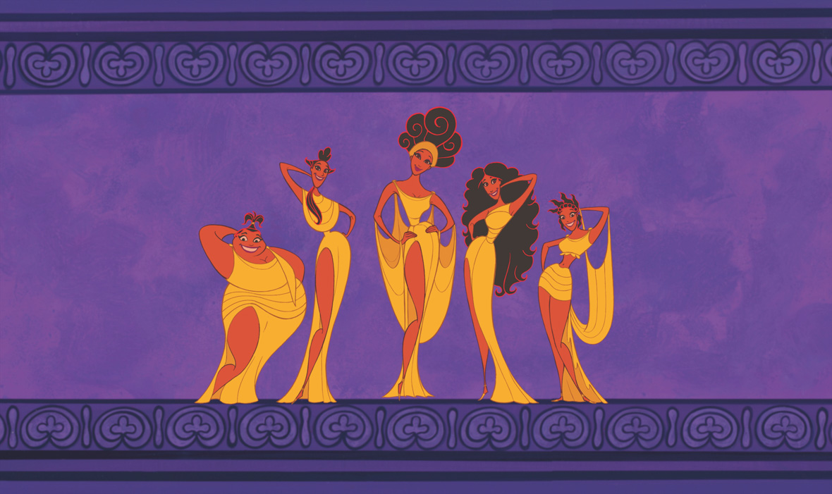 In an image from Hercules, the Muses are standing against a purple background, all wearing tan Grecian-style dresses and smiling.